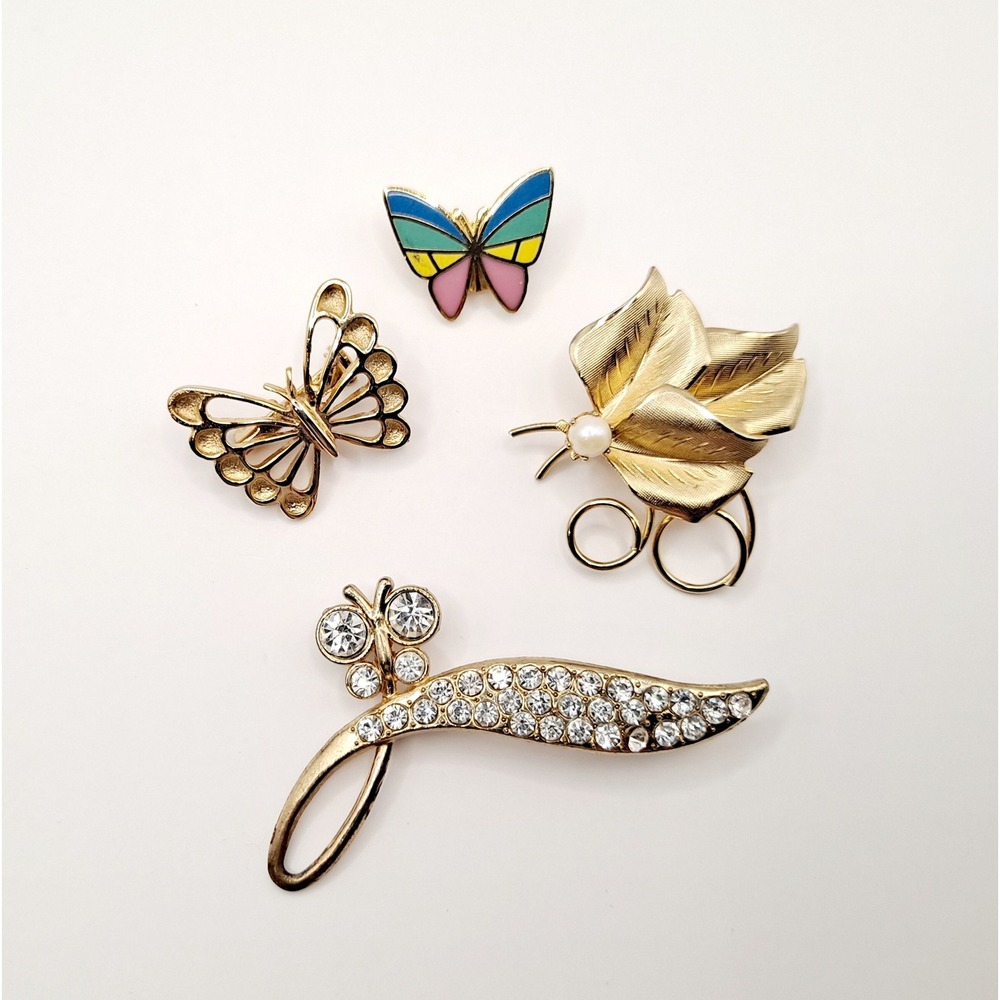 Vintage Butterfly Brooches - Goldtone Enamel Rhinestones and Pearl, Set of Four